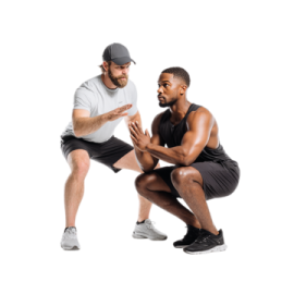 a man squats with another man in the background