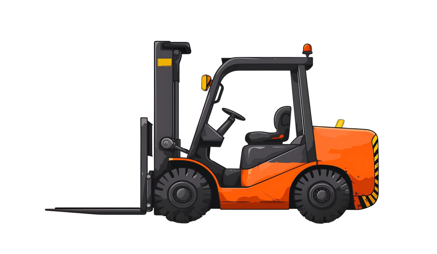 an orange fork truck with a black and yellow stripe