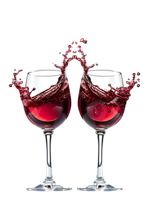 two glasses with red wine splashing out of them