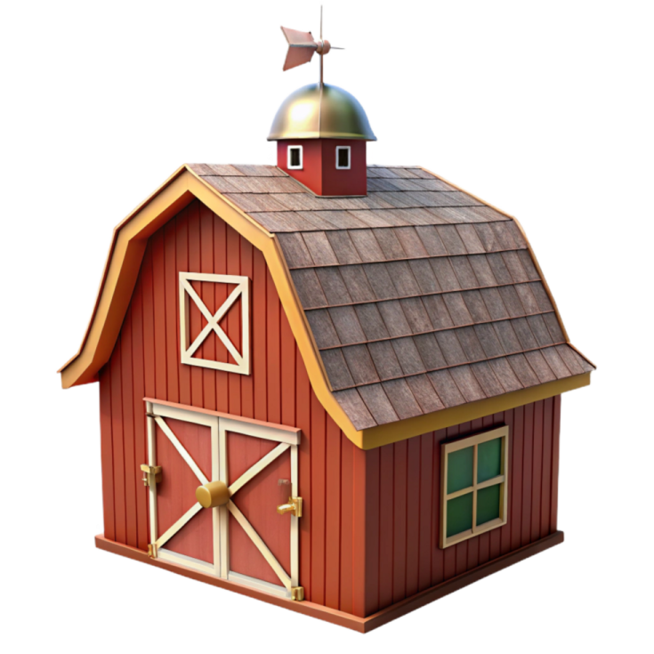 a small red barn with a brown roof