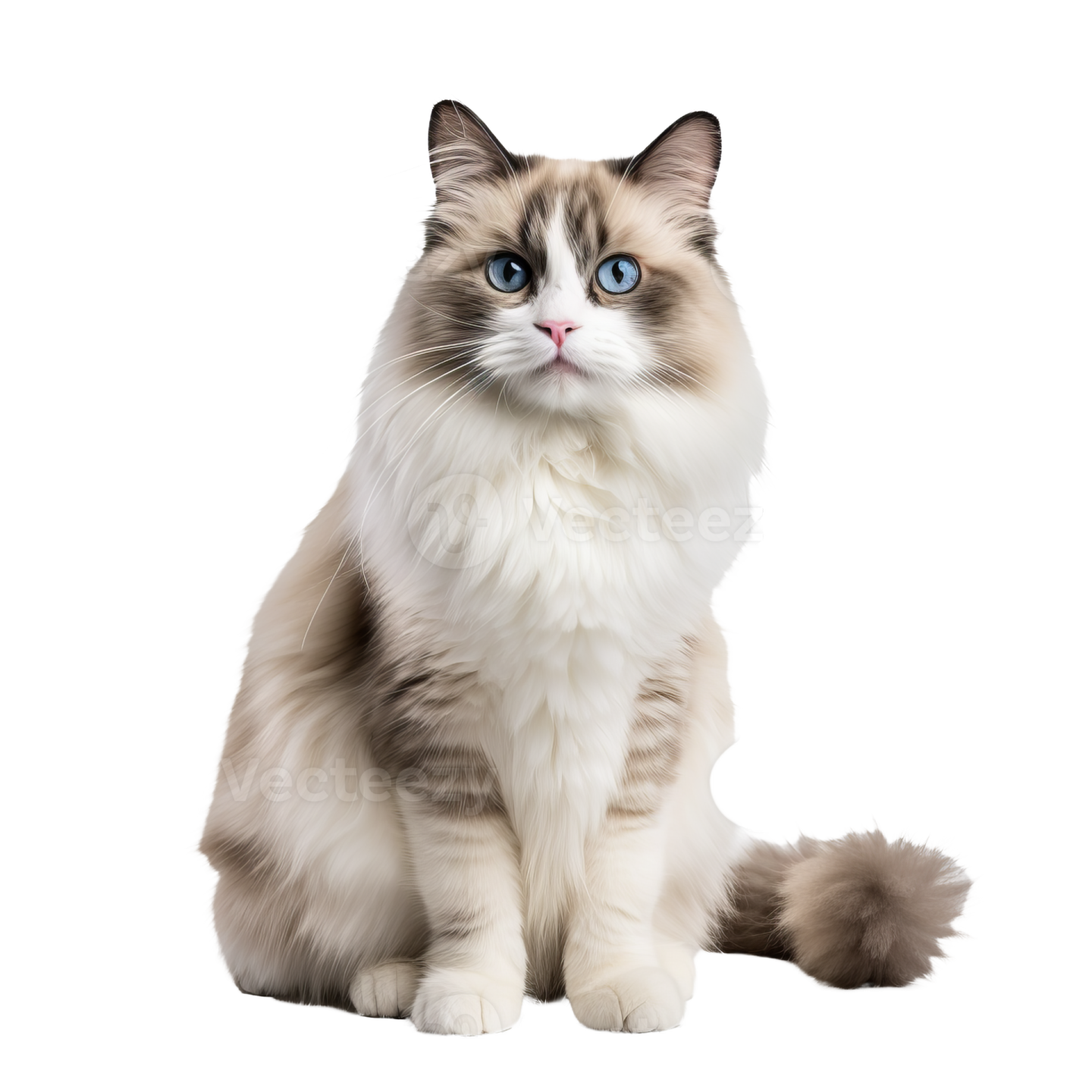 a cat with blue eyes sitting down