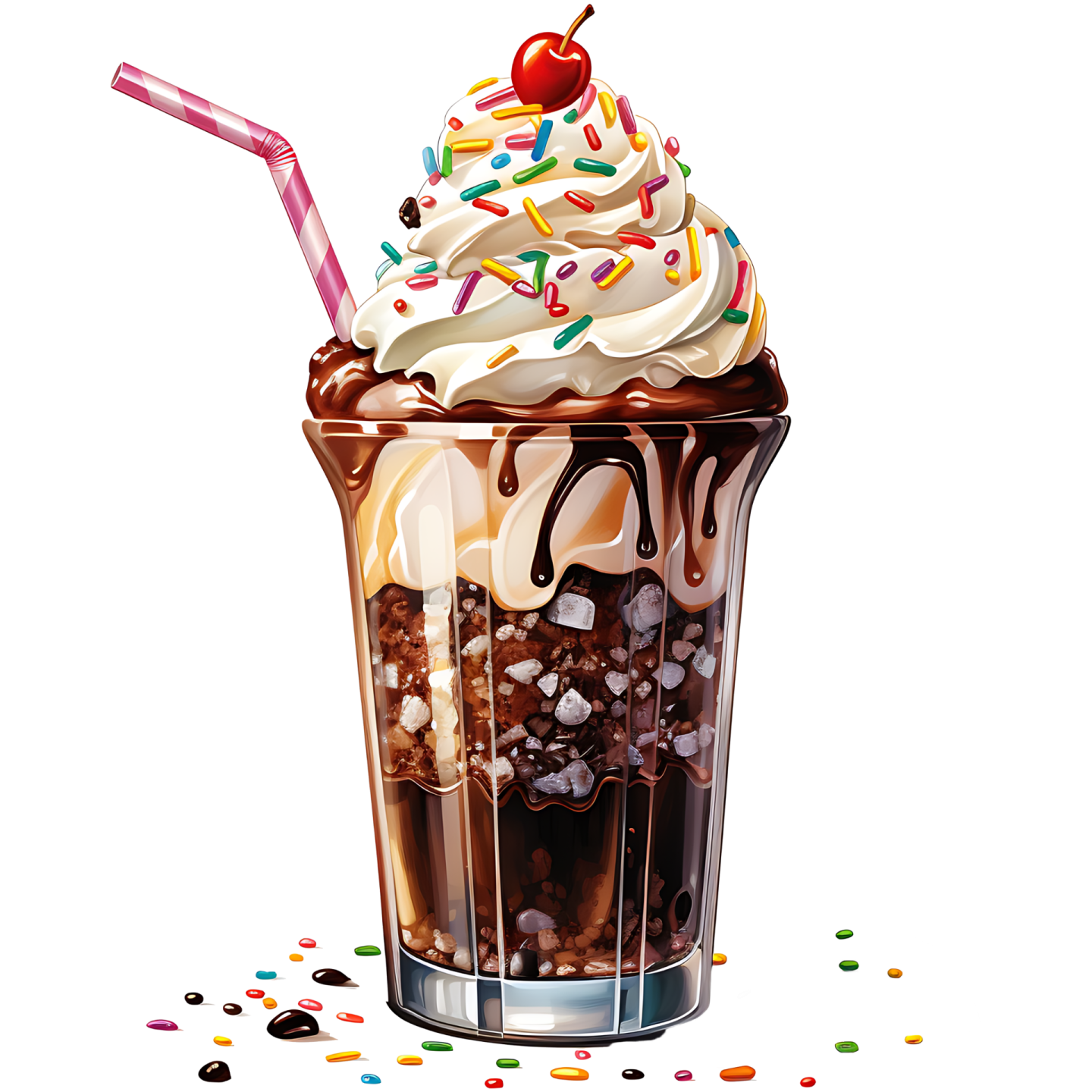 a glass filled with ice and chocolate