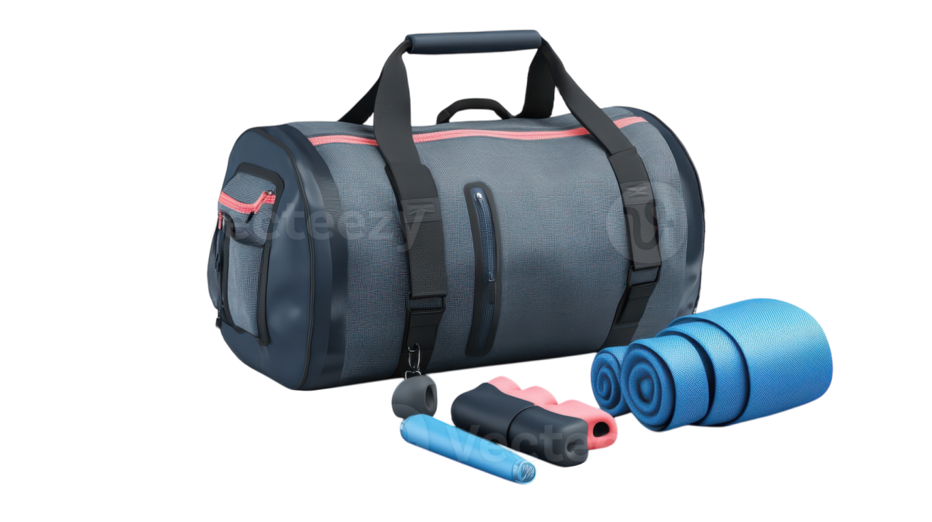 a gym bag with a water bottle and a pair of yoga mats