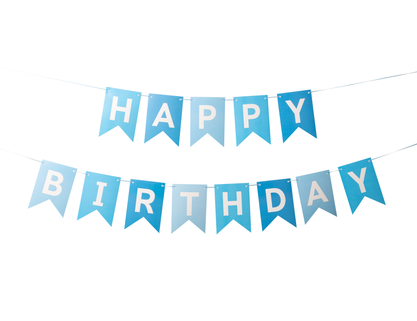 a blue happy birthday banner hanging on a string