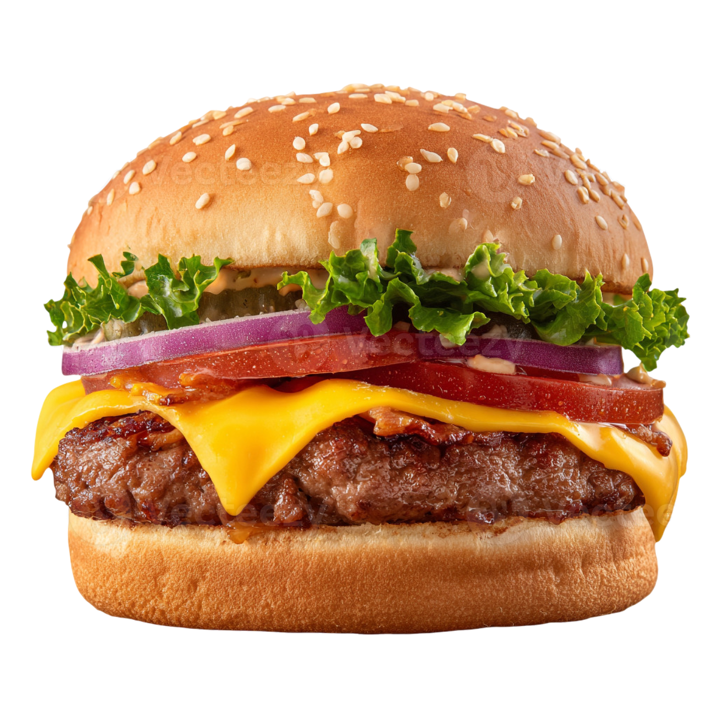 a hamburger with cheese, tomato and lete