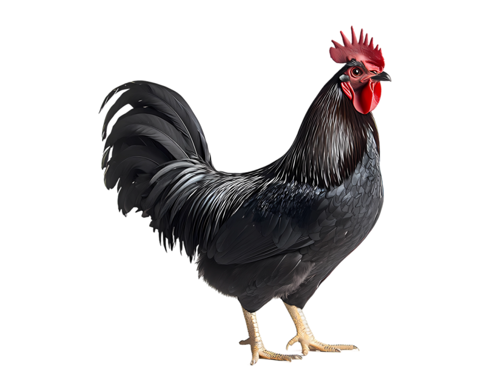 a black and red rooster standing on a white background