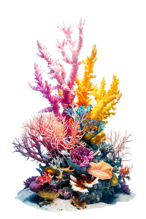 colorful corals and seaweeds on white background