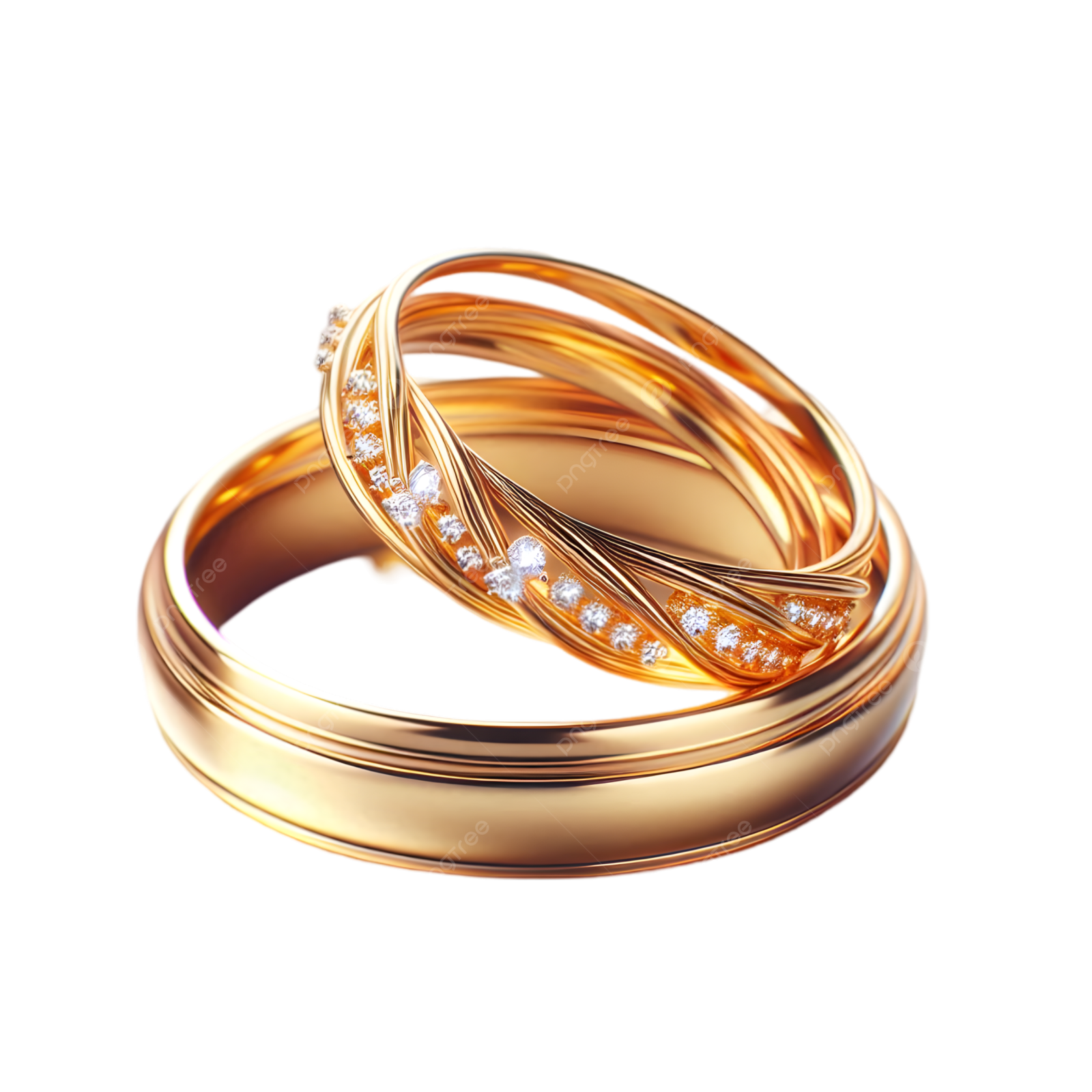two gold wedding rings with diamonds on a white background