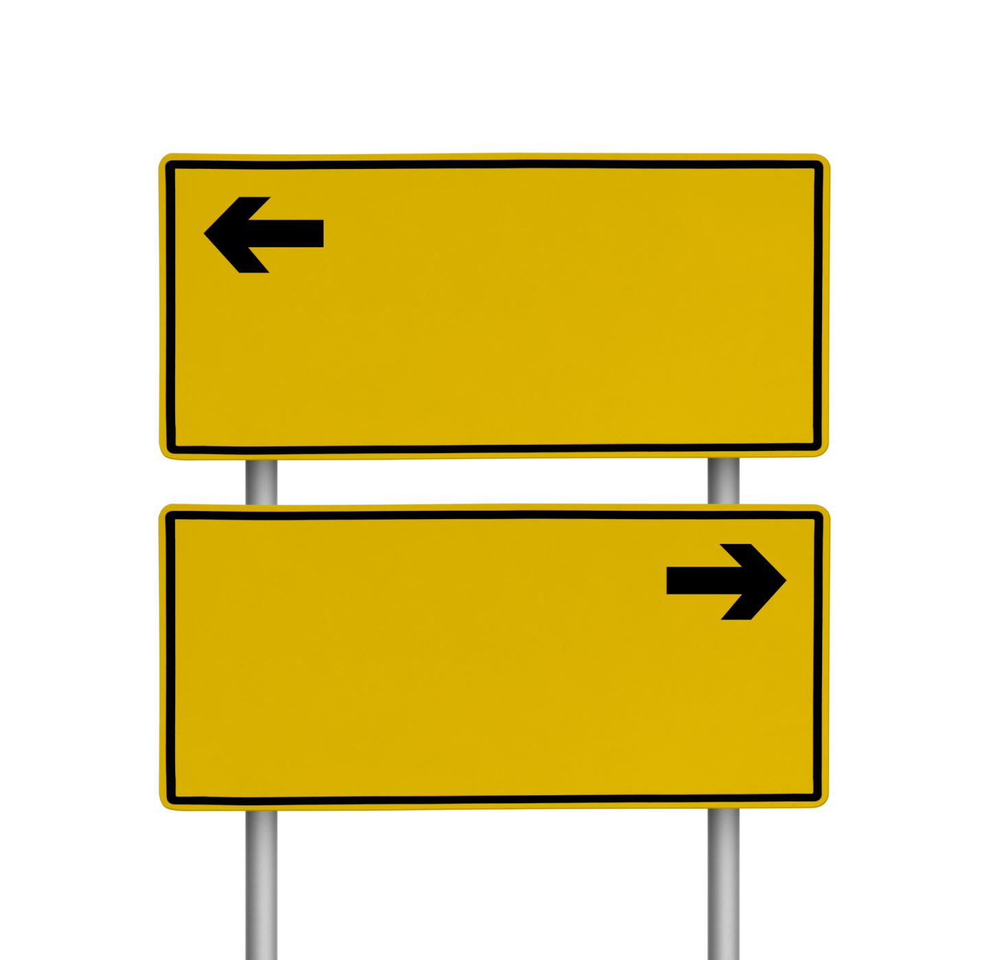 two yellow signs with an arrow pointing left and right