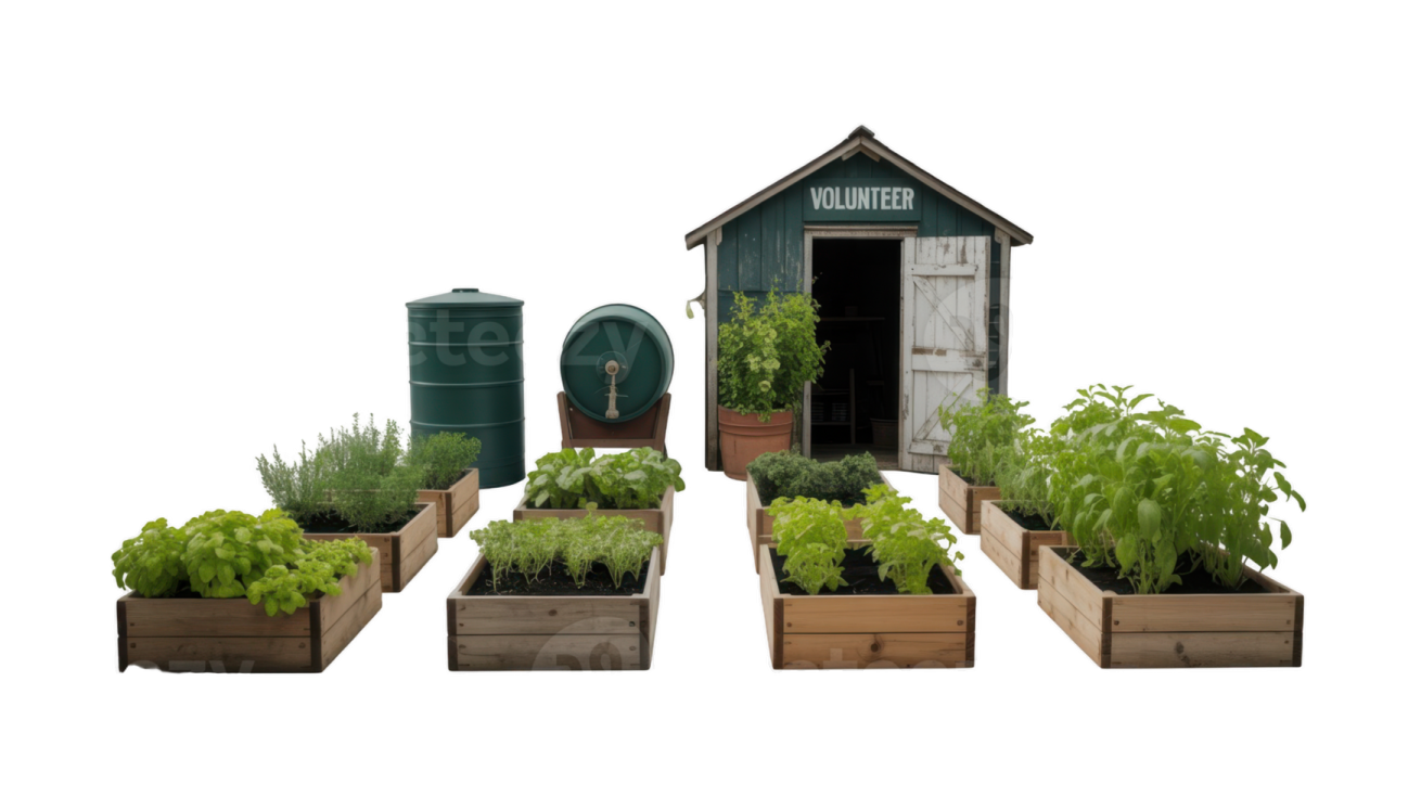 a garden with various vegetables and herbs in wooden boxes