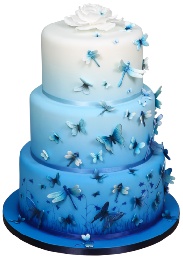 a blue and white cake with butterflies on it