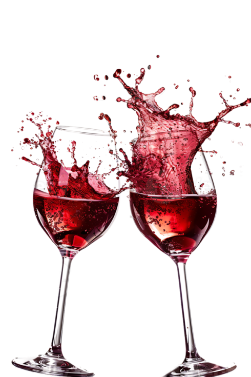 two glasses of red wine splashing into each other glasses