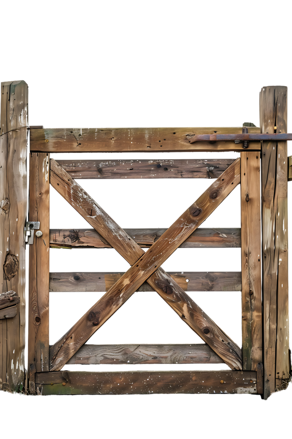 an old wooden gate on a white background