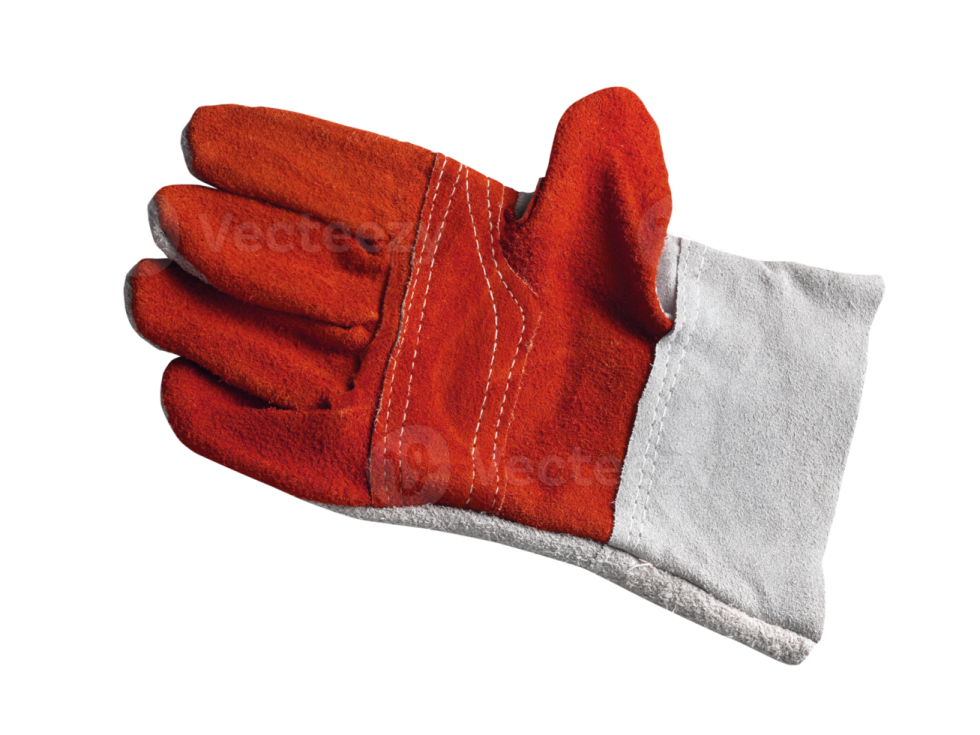 a pair of red leather work gloves on white background