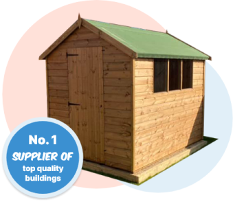 a wooden shed with a green roof