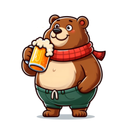 a cartoon bear holding a mug of beer