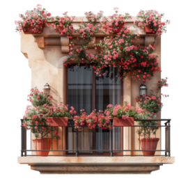 a balcony with flowers and pots on it