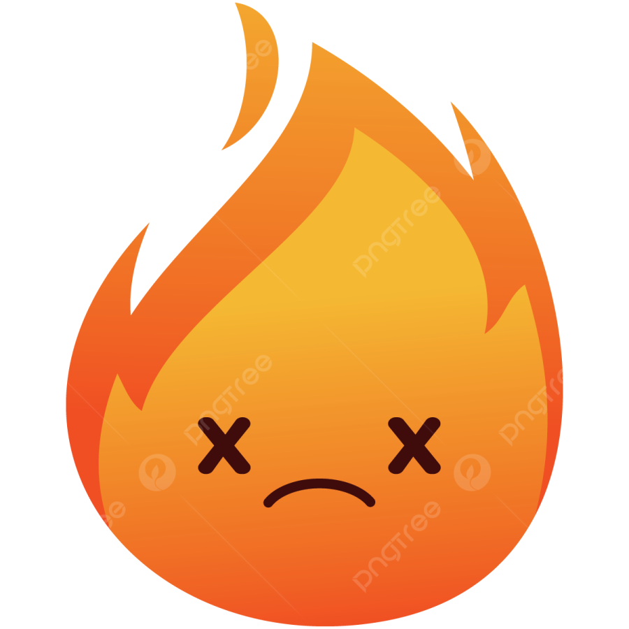 a cartoon fire with a sad face