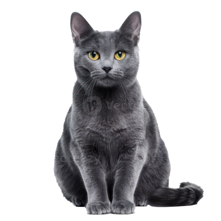 a gray cat with yellow eyes sitting down