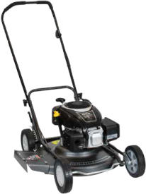 a petrol powered lawn mower on a white background