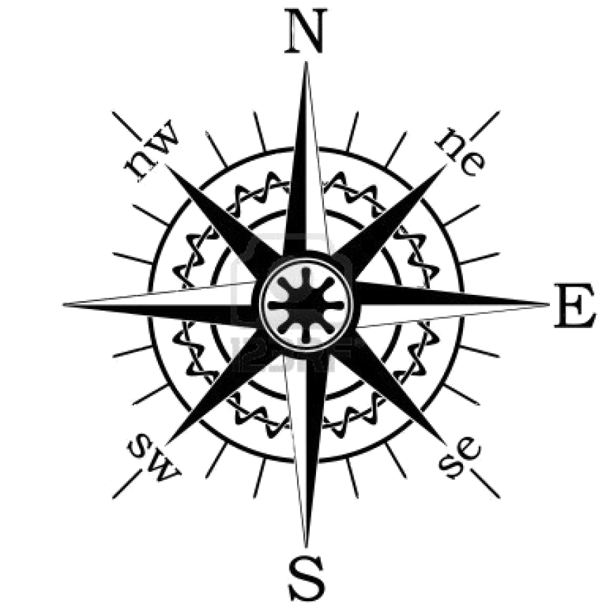 a black and white compass on a white background