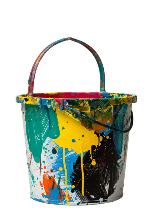 a bucket with colorful paint on it