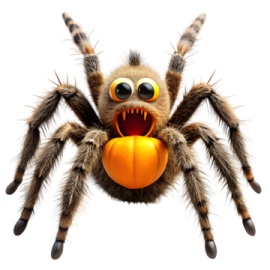 a tara spider with an orange ball in its mouth