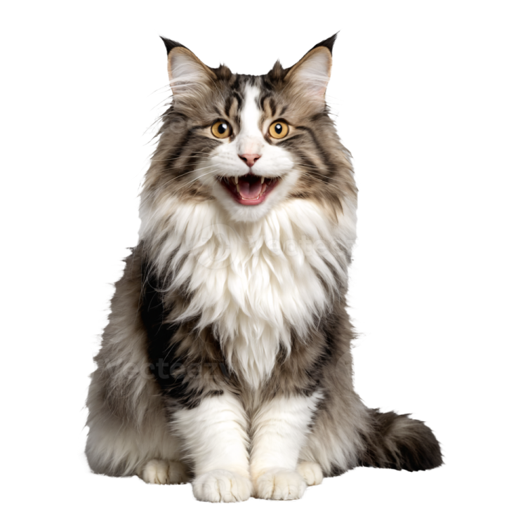a gray and white cat sitting down with its mouth open