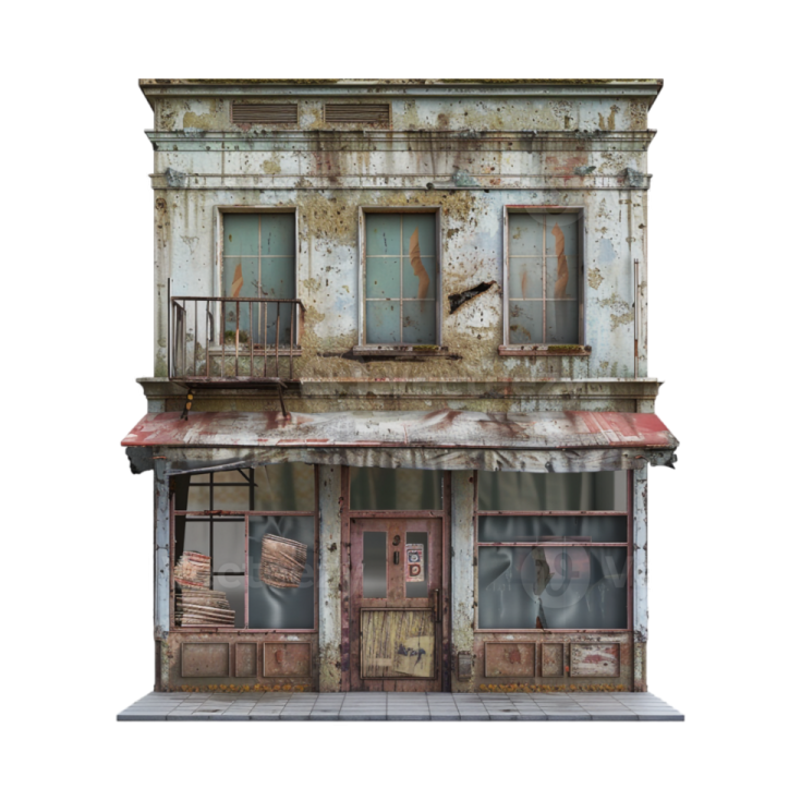 an old abandoned building on a white background