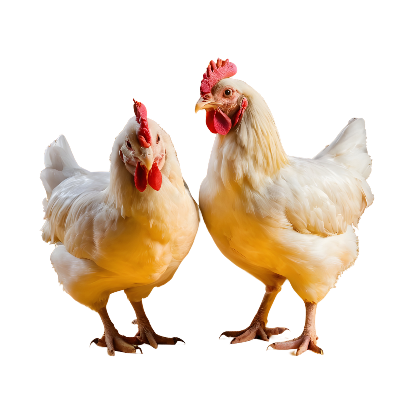 two chickens standing next to each other chickens