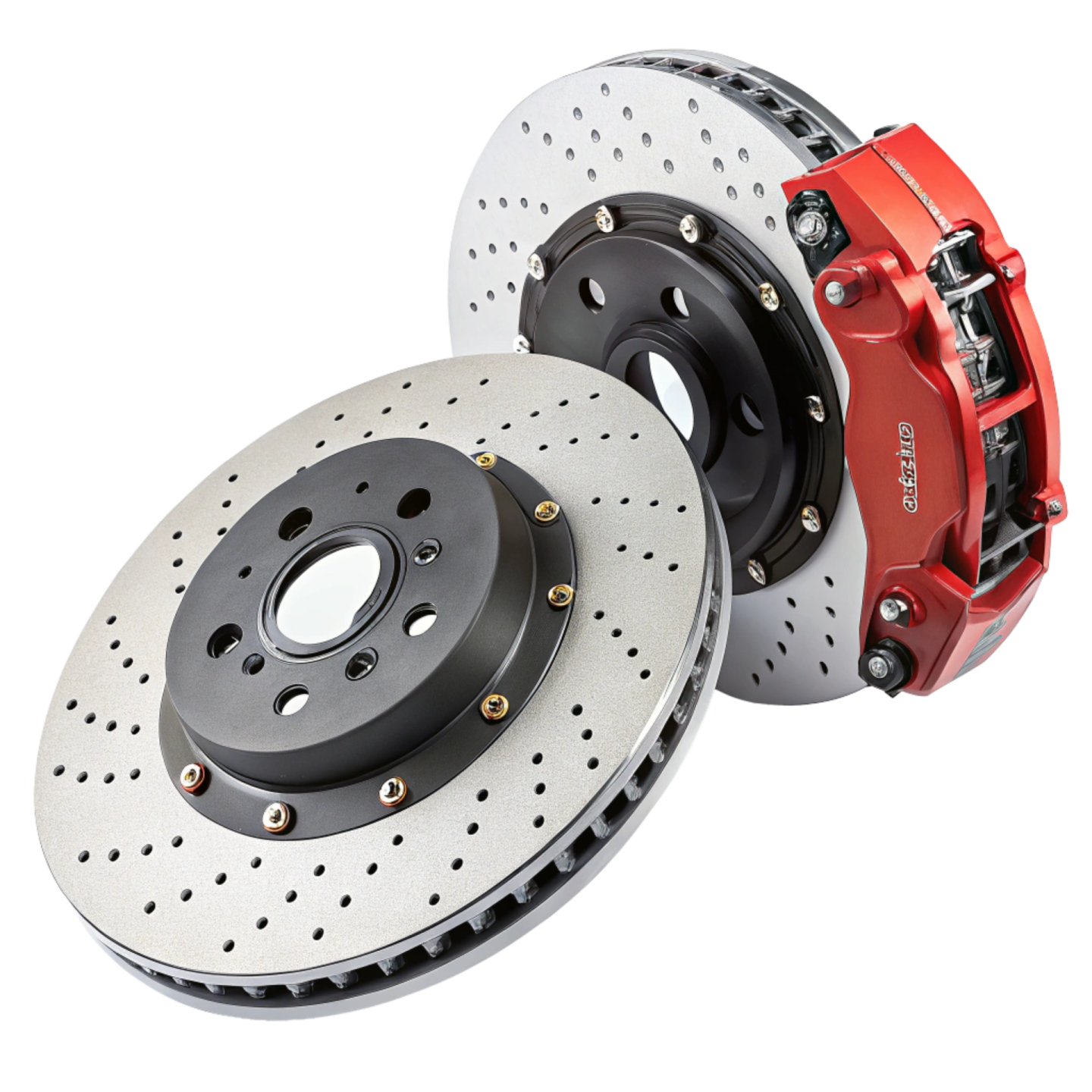a pair of red brake discs on a white background