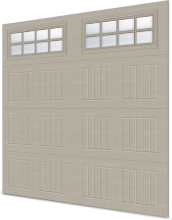 a garage door with three windows