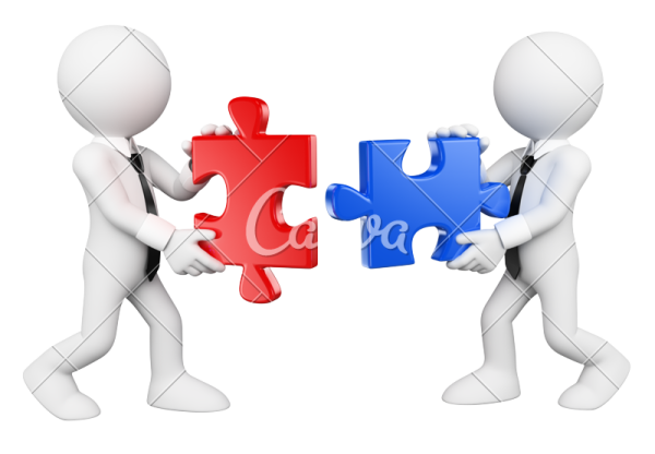 two 3d people holding puzzle pieces