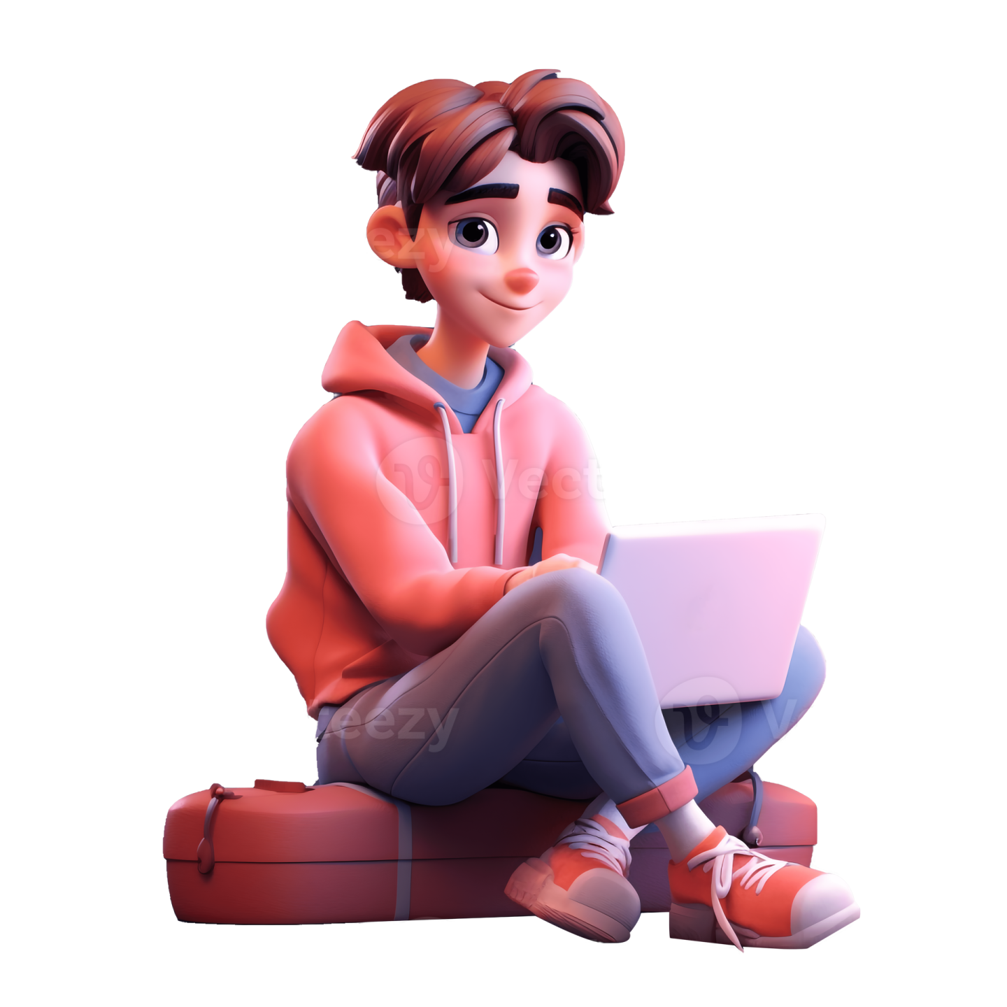 a cartoon character sitting on the floor using a laptop