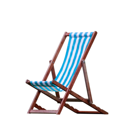a wooden deck chair with blue and white stripes
