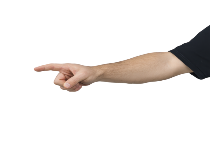 a man in a black shirt pointing at something