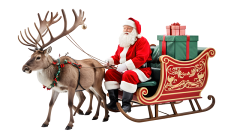 a santa claus riding in a sler with his reindeer