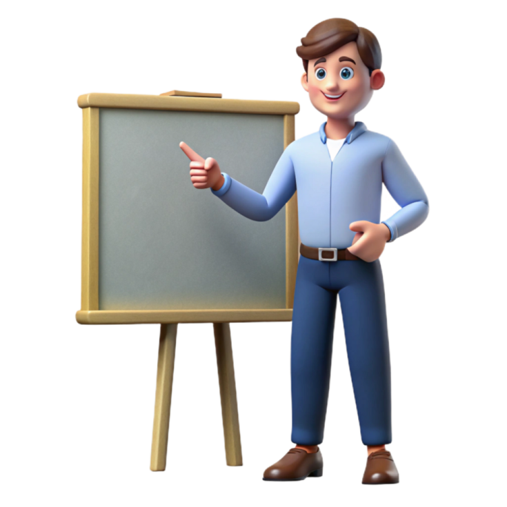a 3d man standing next to a chalk board