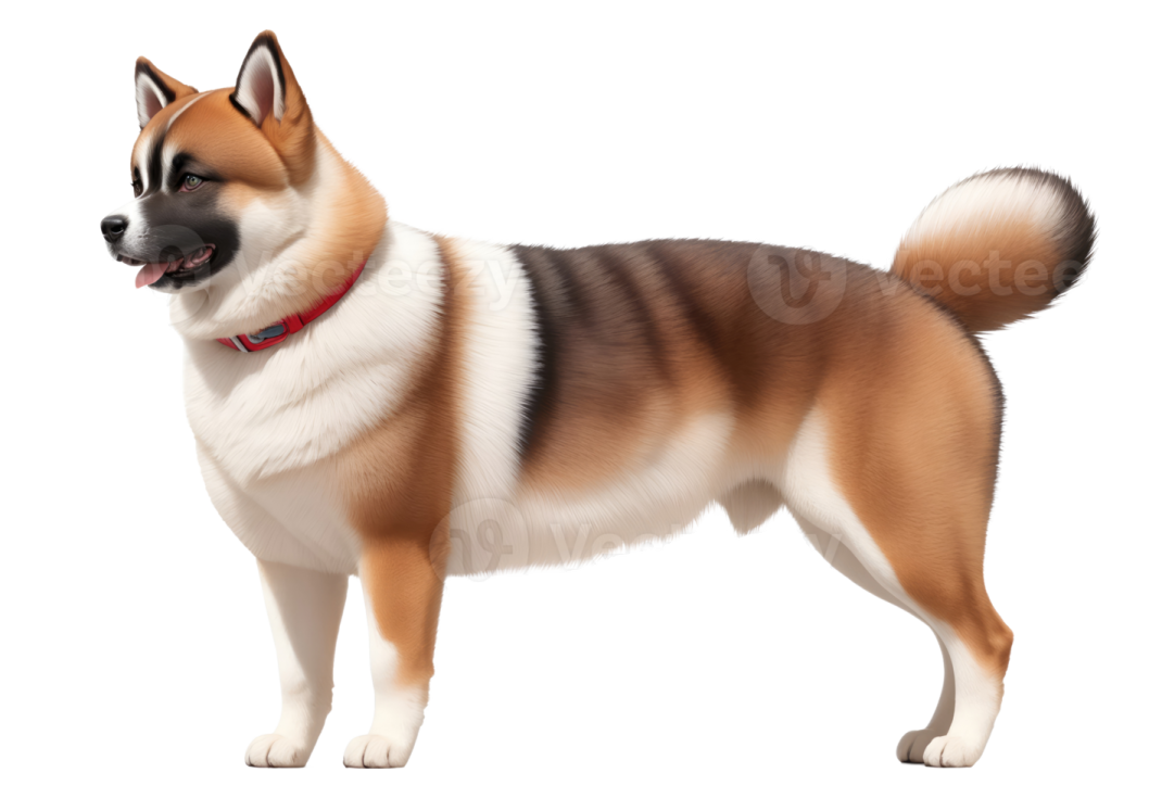 a brown and white dog standing on a white background