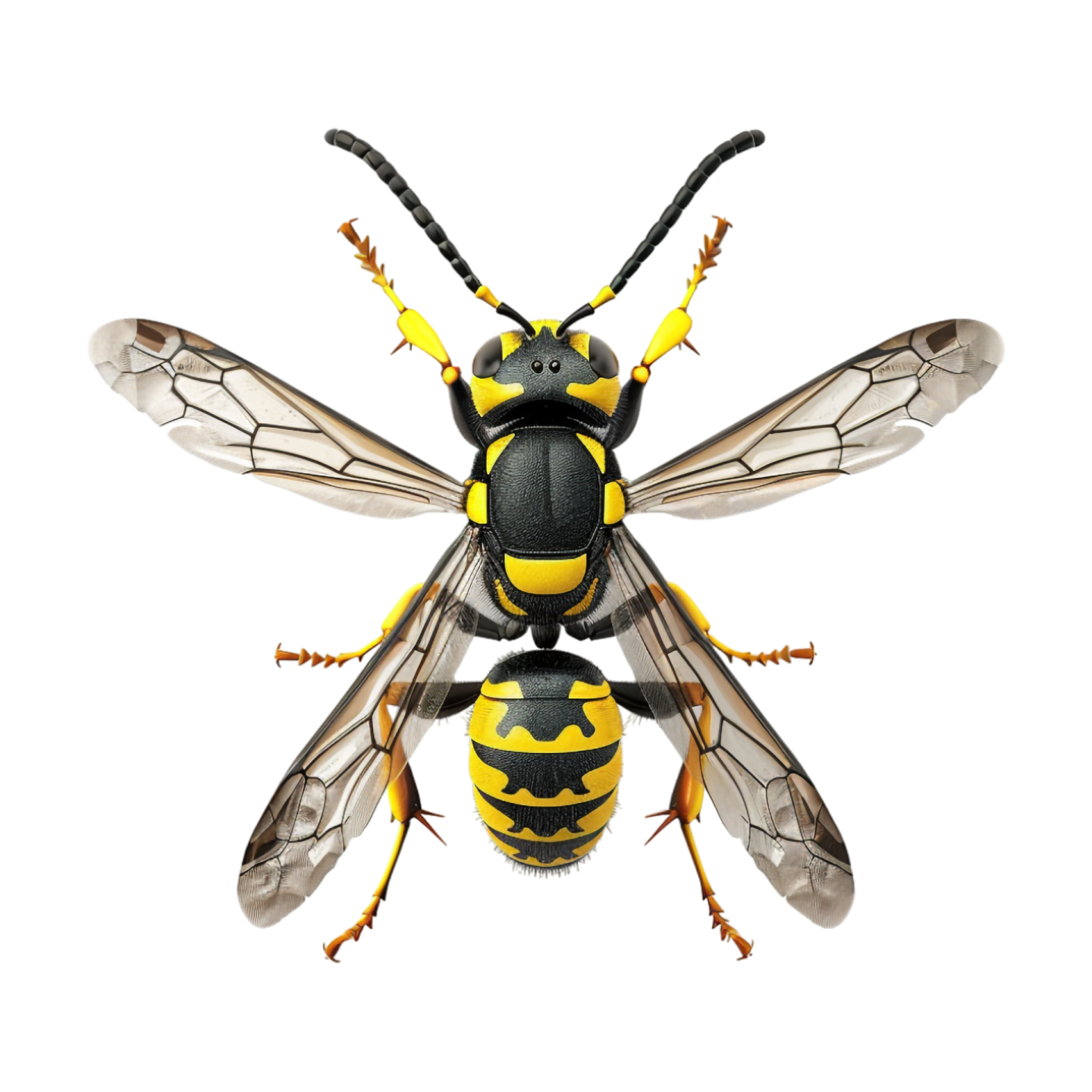 a yellow and black wasp insect on white background