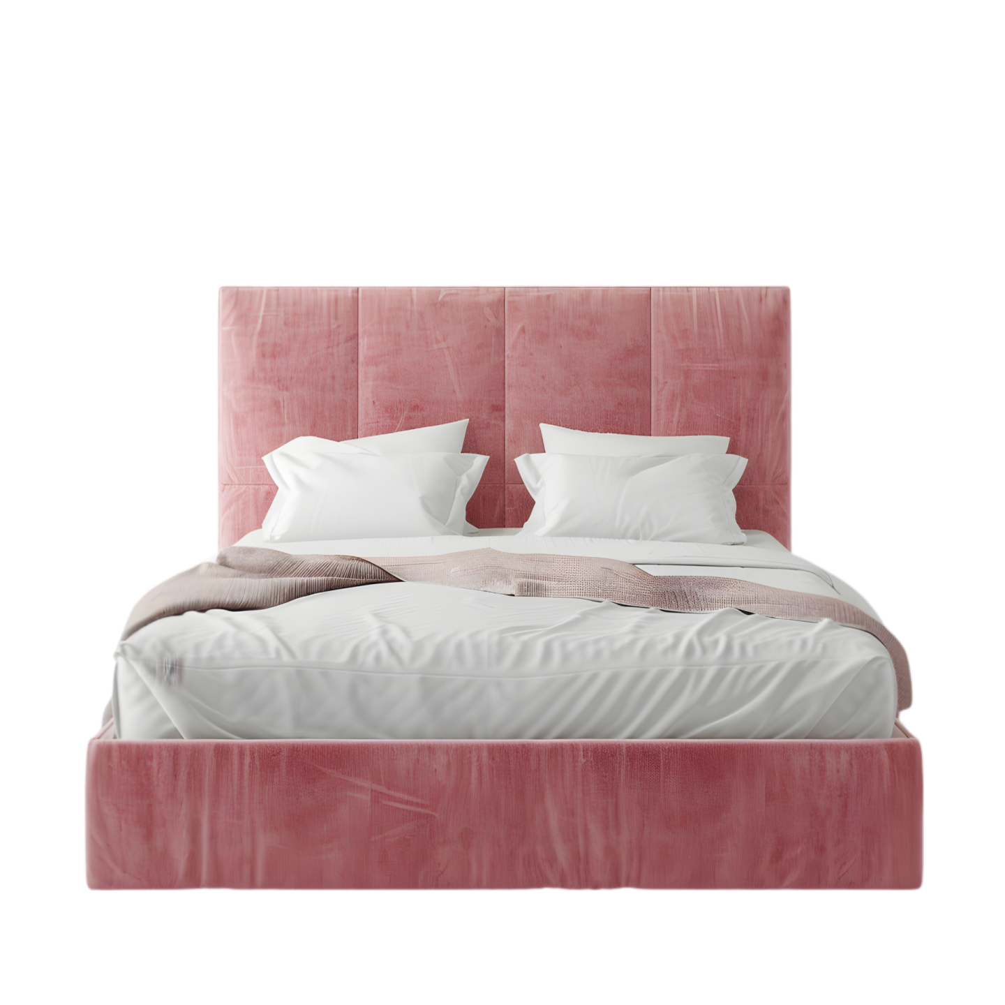 a bed with a pink headboard and pillows
