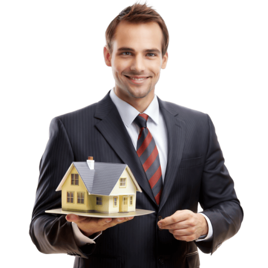 a man in a suit holding a model house