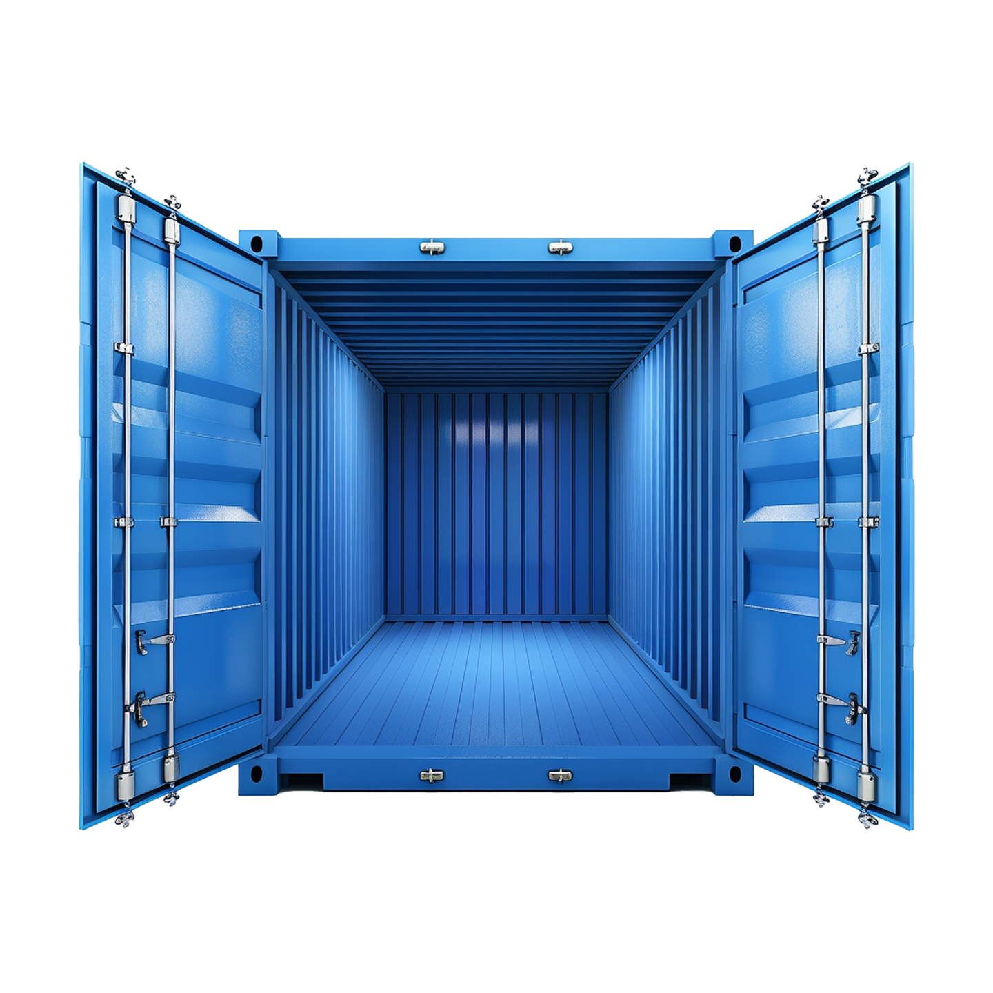 a blue shipping container with the door open