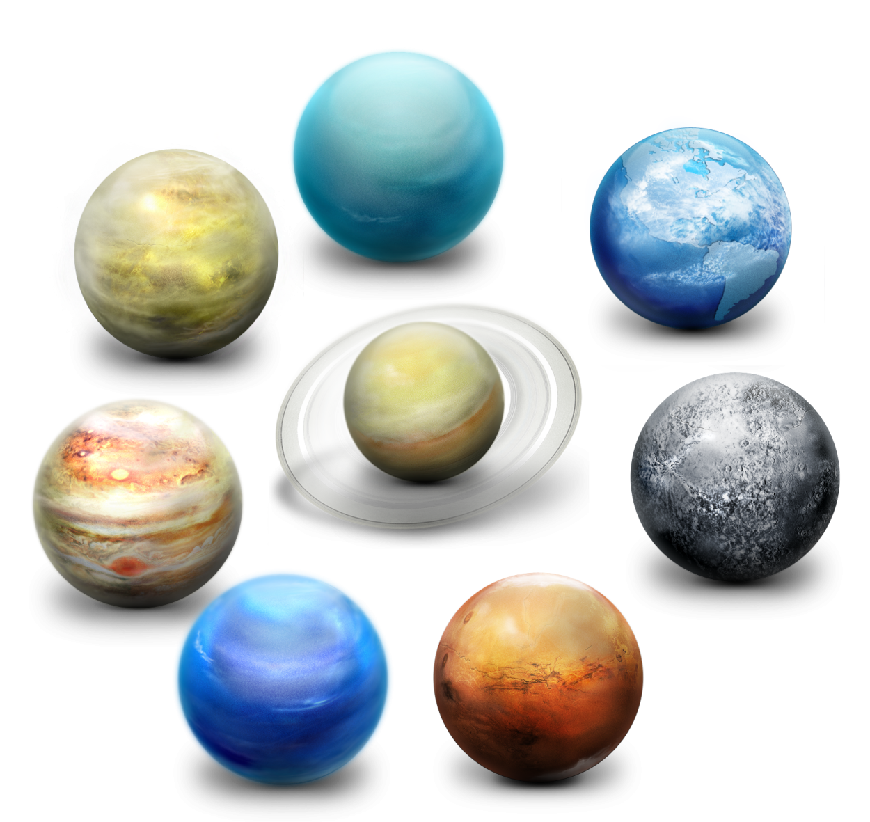 a set of nine planets in different colors