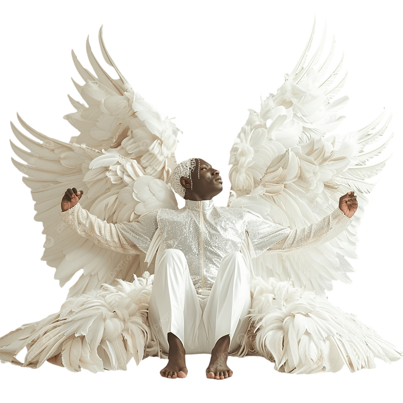 a man sitting on the ground surrounded by white feathers