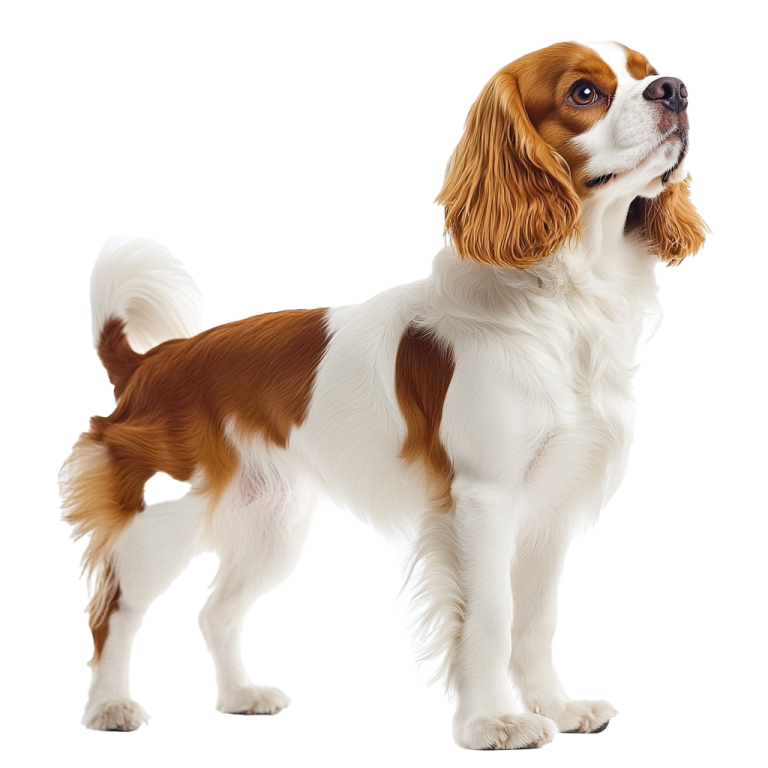 a brown and white dog standing on a white background