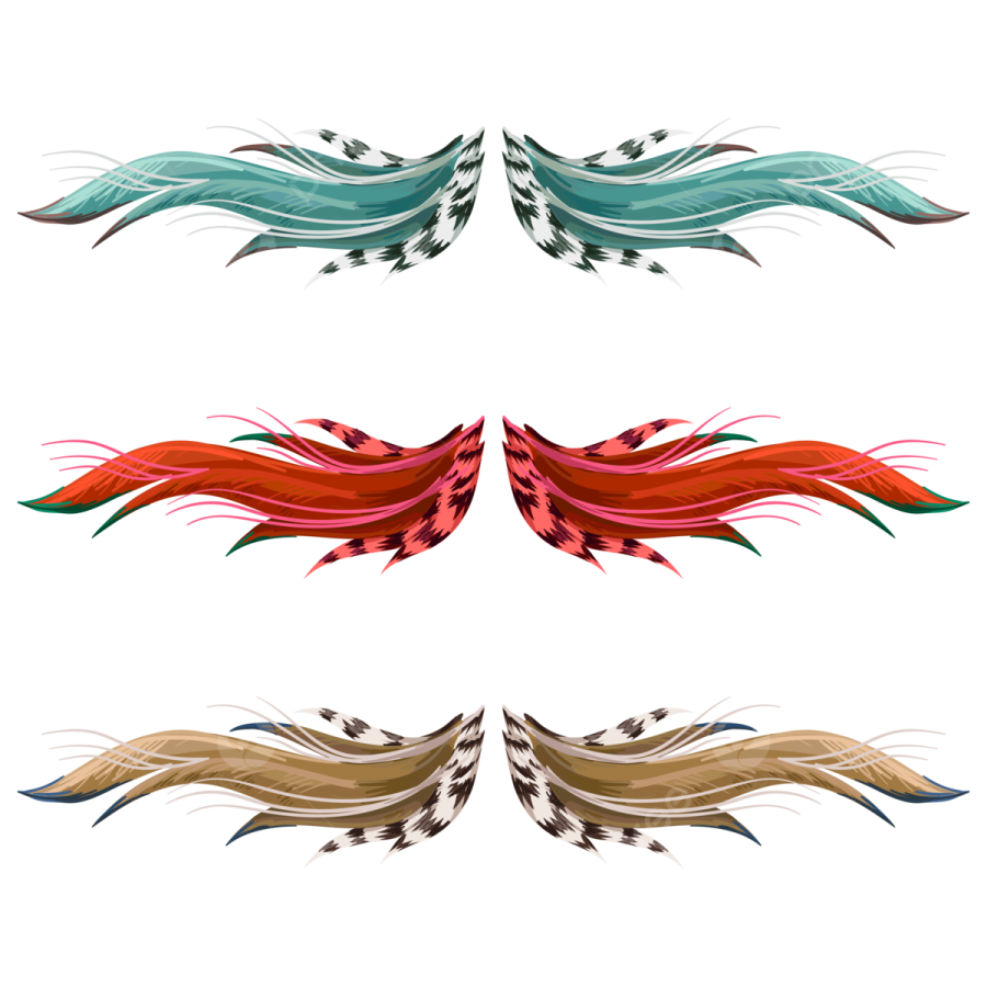 a set of four different colored feathers