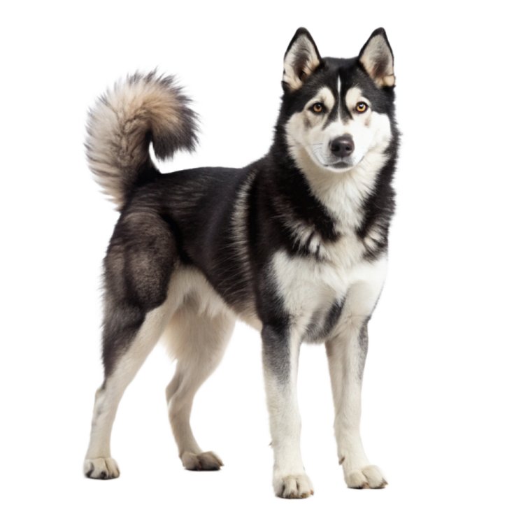 a black and white dog standing in front of a white background