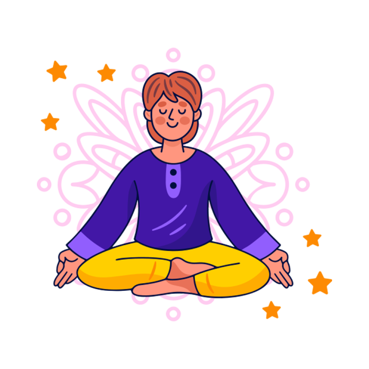 a woman sitting in a lotus position with stars around her