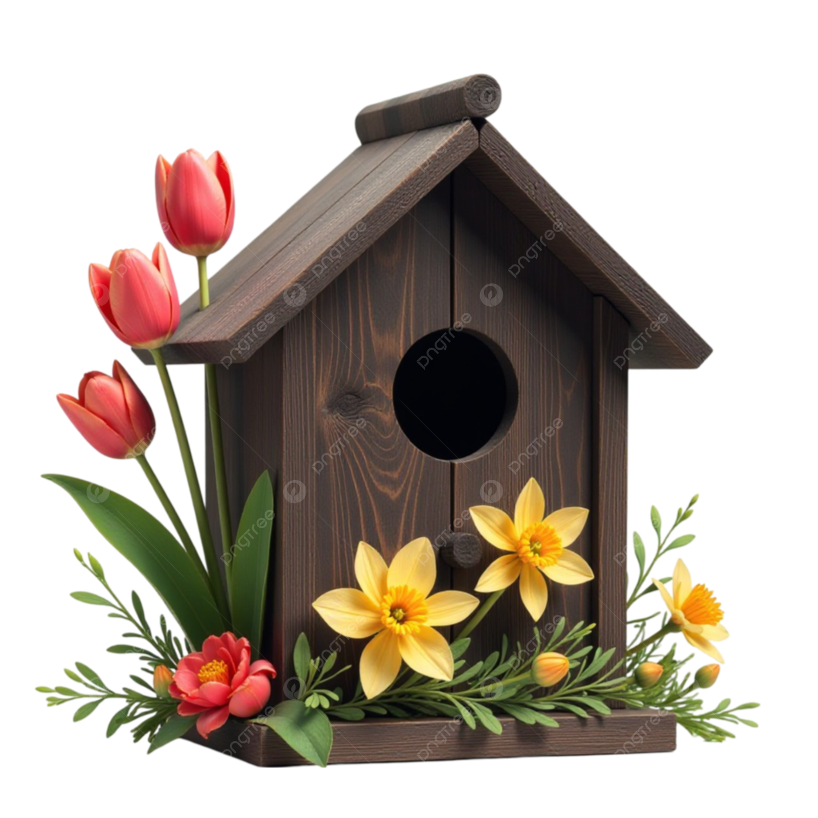 a birdhouse with flowers and leaves on a white background